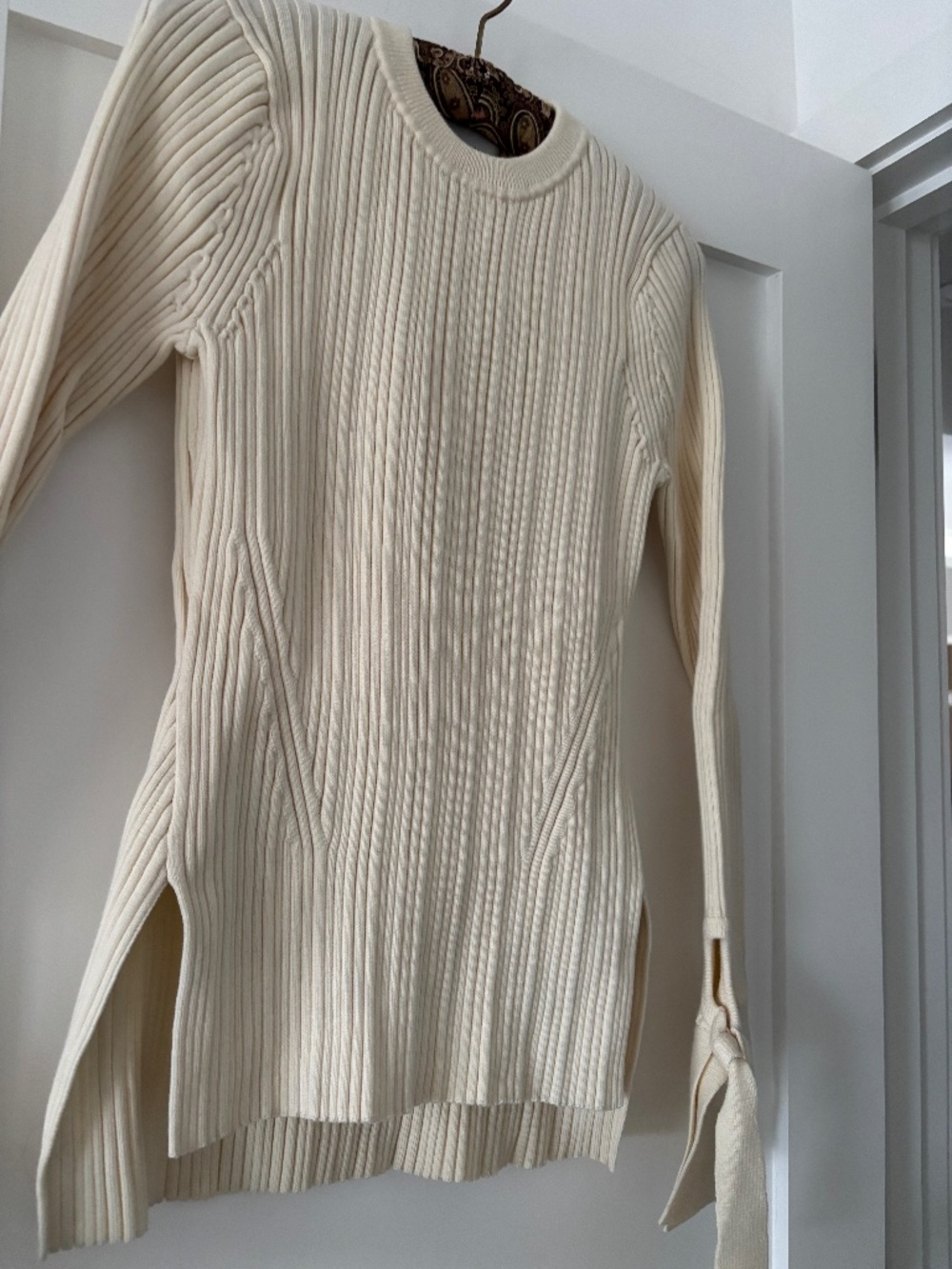 3.1 PHILLIP LIM Ivory Ribbed Wool Blend Tie Cuff Side Slit Sweater - Small